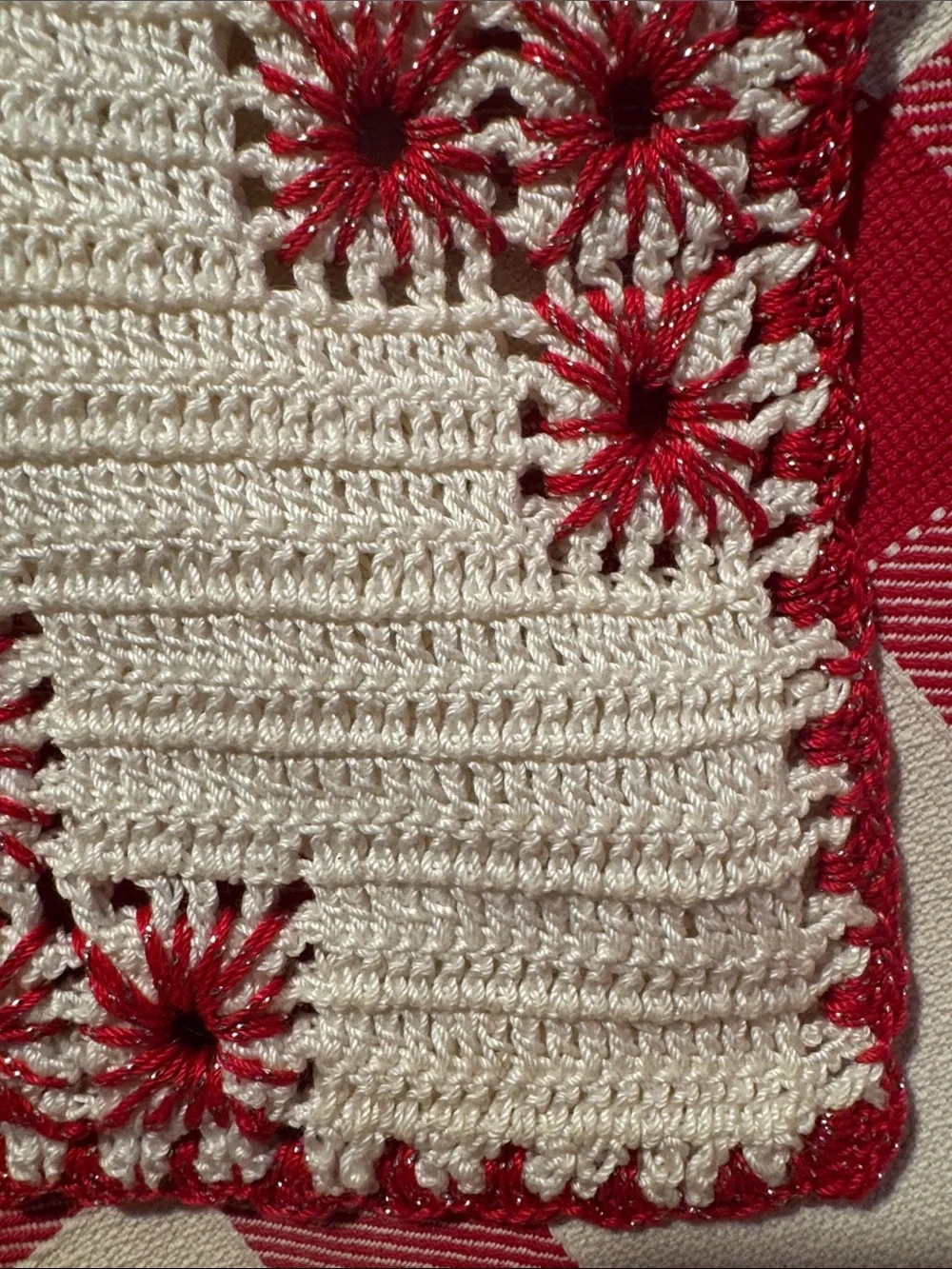 Handmade Cream and Red Crochet Pot Holder